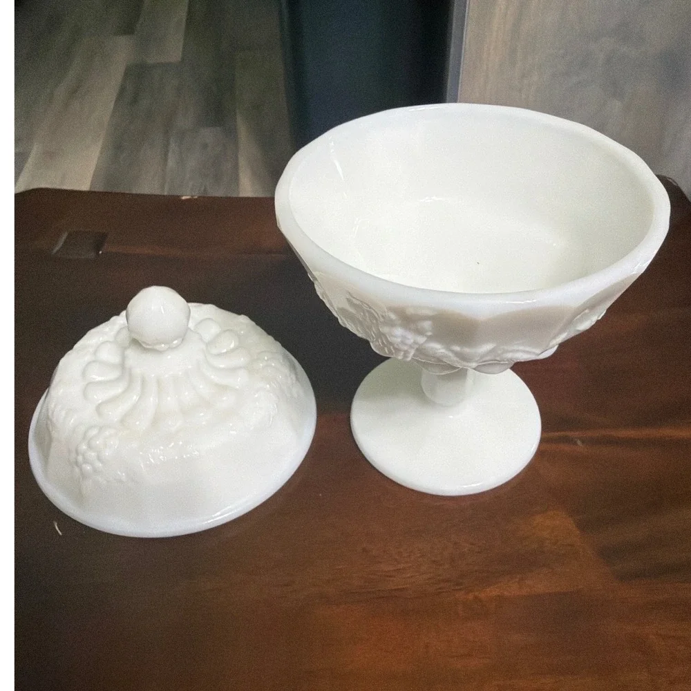 Westmoreland Milk Glass Paneled Grape Pedestal Candy Dish with Lid Vintage White